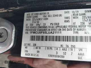 2020 Ford Escape S with VIN 1FMCU0F65LUA21111, listed as a IAAI auction lot 42371480 with 60,988 mi miles and . Bid and sale history available at DreamBid. Image 9.