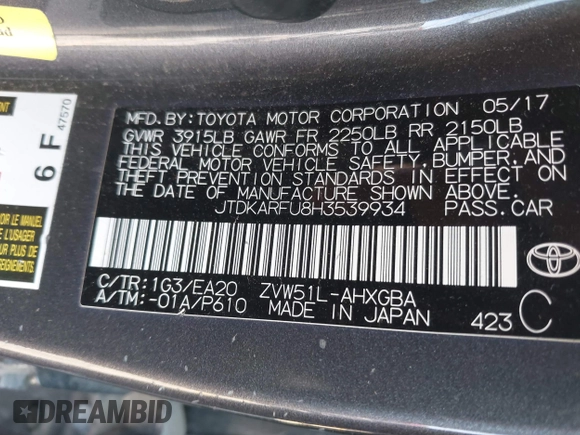 2017 Toyota Prius Two z VIN JTDKARFU8H3539934, wystawiony jako IAAI lot #42295188 z przebiegiem 92 157 mil mil oraz . Historia ofert i sprzedaży dostępna na DreamBid. Obrazek 9.