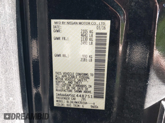 2016 Nissan Maxima SL with VIN 1N4AA6AP5GC448751, listed as a IAAI auction lot 41935029 with 105,101 mi miles and . Bid and sale history available at DreamBid. Image 9.