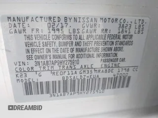2017 Nissan Sentra SV with VIN 3N1AB7AP9HY275910, listed as a IAAI auction lot 42584825 with 48,889 mi miles and . Bid and sale history available at DreamBid. Image 9.