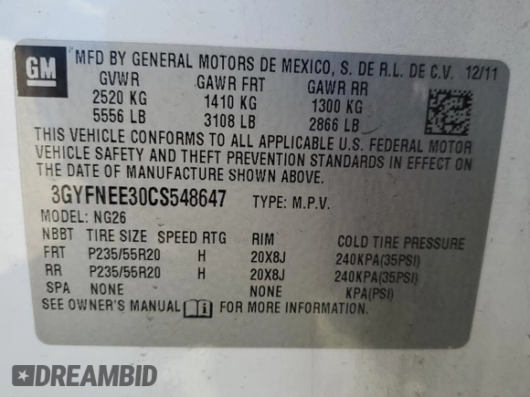 2012 Cadillac SRX Performance Collection with VIN 3GYFNEE30CS548647, listed as a Copart auction lot 49728435 with 70,460 mi miles and Salvage Title. Bid and sale history available at carsss.com. Image 15.