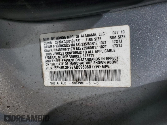 2010 Honda Odyssey Touring with VIN 5FNRL3H97AB096960, listed as a Copart auction lot 49291025 with 167,224 mi miles and Salvage Title. Bid and sale history available at carsss.com. Image 14.