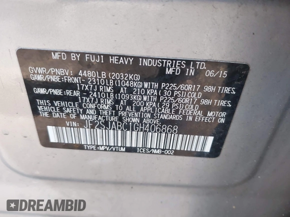 2016 Subaru Forester 2.5i with VIN JF2SJABC1GH406868, listed as a IAAI auction lot 42036402 with 227,240 mi miles and . Bid and sale history available at DreamBid. Image 9.