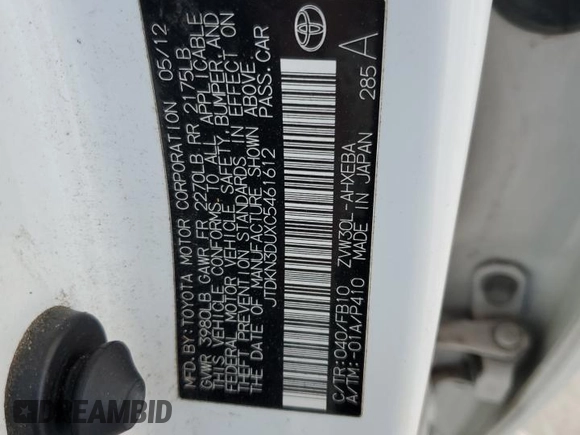 2012 Toyota Prius One with VIN JTDKN3DUXC5461612, listed as a Copart auction lot 48218095 with 226,408 mi miles and Non Repairable. Bid and sale history available at DreamBid. Image 13.