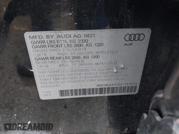 2021 Audi Q3 Premium with VIN WA1AUCF31M1131914, listed as a IAAI auction lot 41571543 with 35,477 mi miles and . Bid and sale history available at DreamBid. Image 9.