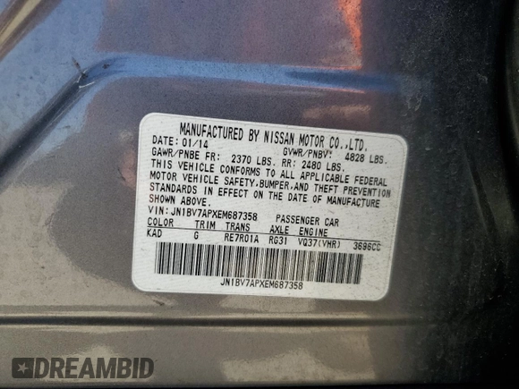 2014 Infiniti Q50 Sport with VIN JN1BV7APXEM687358, listed as a Copart auction lot 52028215 with 109,855 mi miles and Salvage Title. Bid and sale history available at DreamBid. Image 13.