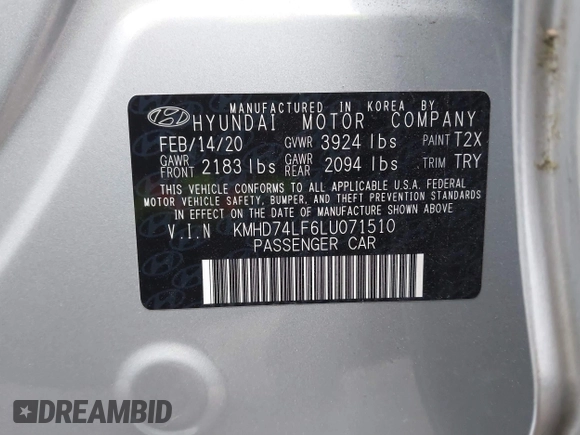 2020 Hyundai Elantra SE z VIN KMHD74LF6LU071510, wystawiony jako IAAI lot #41755598 z przebiegiem 40 952 mil mil oraz . Historia ofert i sprzedaży dostępna na DreamBid. Obrazek 9.
