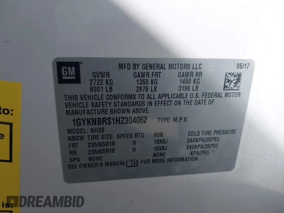 2017 Cadillac XT5 Luxury FWD with VIN 1GYKNBRS1HZ304062, listed as a IAAI auction lot 42460981 with 77,310 mi miles and . Bid and sale history available at DreamBid. Image 9.