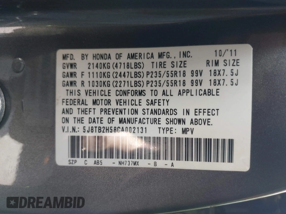 2012 Acura RDX Tech Pkg with VIN 5J8TB2H58CA002131, listed as a IAAI auction lot 41880892 with 140,115 mi miles. Bid and sale history available at carsss.com. Image 9.