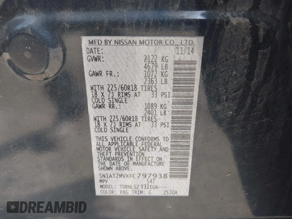 2015 Nissan Rogue SL z VIN 5N1AT2MVXFC797938, wystawiony jako IAAI lot #42129111 z przebiegiem 133 898 mil mil oraz . Historia ofert i sprzedaży dostępna na DreamBid. Obrazek 9.