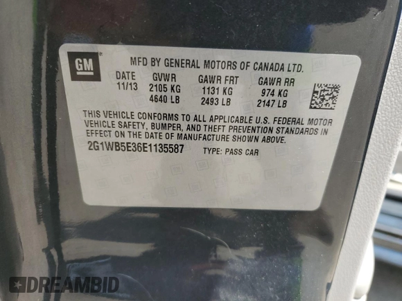 2014 Chevrolet Impala LT with VIN 2G1WB5E36E1135587, listed as a Copart auction lot 64557805 with 95,105 mi miles and Salvage title. Bid and sale history available at DreamBid. Image 13.
