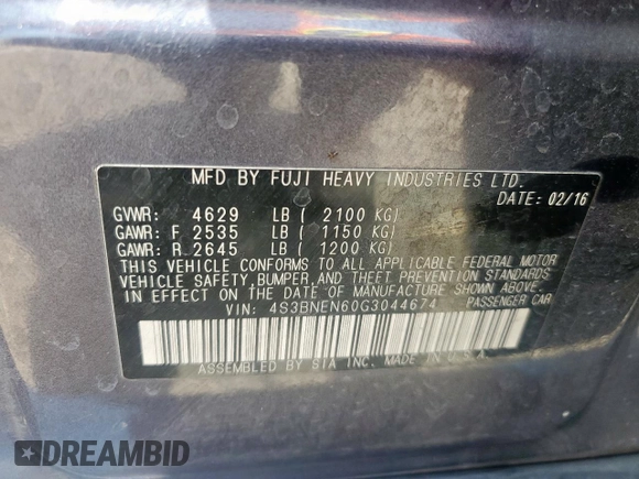 2016 Subaru Legacy Limited with VIN 4S3BNEN60G3044674, listed as a Copart auction lot 59630135 with 147,619 mi miles and Clean title. Bid and sale history available at DreamBid. Image 12.