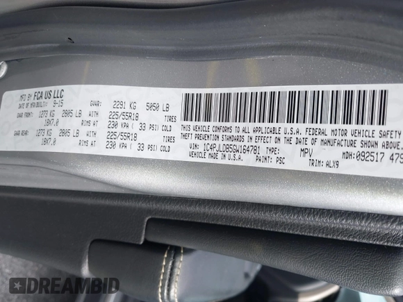 2016 Jeep Cherokee Limited with VIN 1C4PJLDB5GW164781, listed as a IAAI auction lot 42806344 with 137,283 mi miles and . Bid and sale history available at DreamBid. Image 9.