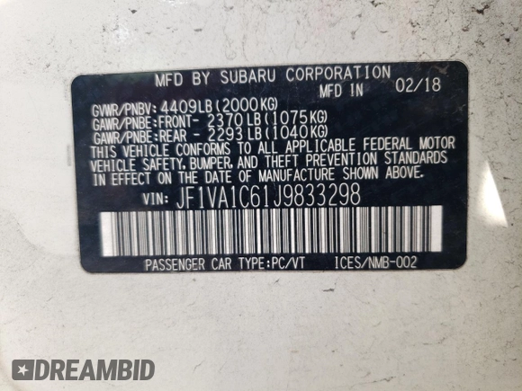 2018 Subaru WRX Premium with VIN JF1VA1C61J9833298, listed as a Copart auction lot 47603805 with 63,009 mi miles and Salvage Title. Bid and sale history available at carsss.com. Image 13.