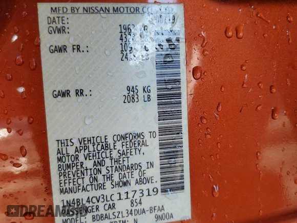 2020 Nissan Altima 2.5 SR with VIN 1N4BL4CV3LC117319, listed as a Copart auction lot 83410964 with 99,738 mi miles and Salvage Title. Bid and sale history available at carsss.com. Image 13.