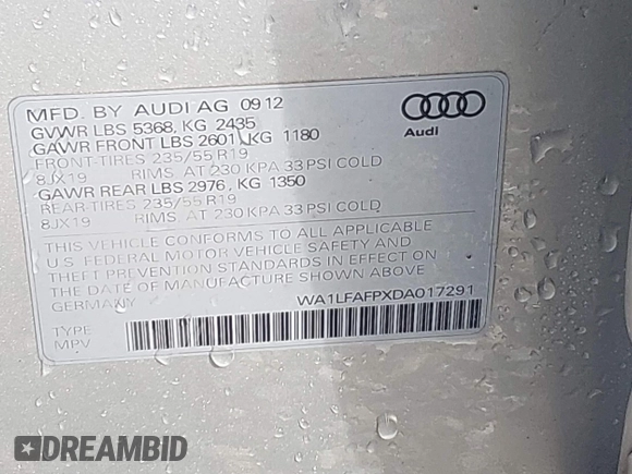 2013 Audi Q5 Premium Plus with VIN WA1LFAFPXDA017291, listed as a IAAI auction lot 42008370 with 84,017 mi miles and . Bid and sale history available at DreamBid. Image 9.