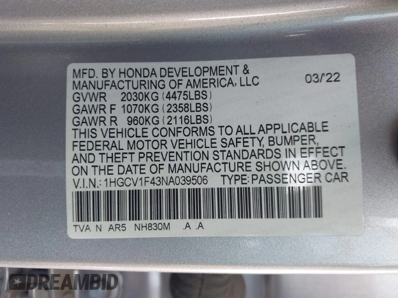 2022 Honda Accord Sedan Sport SE with VIN 1HGCV1F43NA039506, listed as a IAAI auction lot 41200374 with 67,006 mi miles. Bid and sale history available at carsss.com. Image 9.