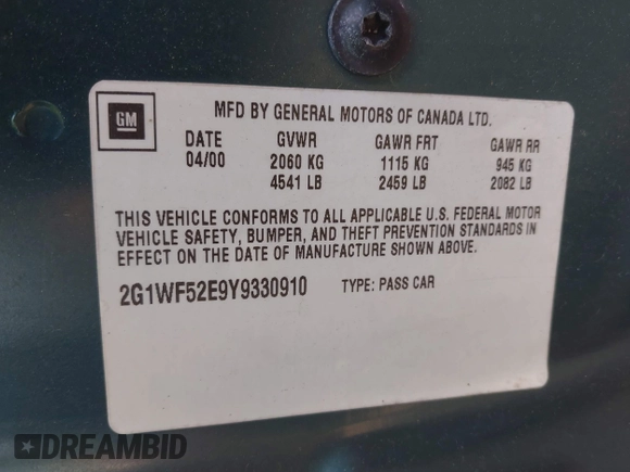 2000 Chevrolet Impala with VIN 2G1WF52E9Y9330910, listed as a IAAI auction lot 41940930 with 232,467 mi miles and . Bid and sale history available at DreamBid. Image 9.
