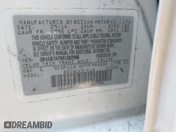 2014 Nissan Sentra S with VIN 3N1AB7AP8EL682996, listed as a IAAI auction lot 42707004 with 196,095 mi miles and . Bid and sale history available at DreamBid. Image 9.