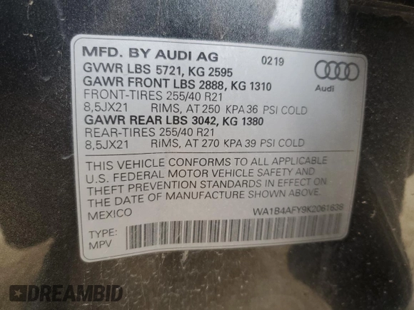 2019 Audi SQ5 Premium Plus with VIN WA1B4AFY9K2061638, listed as a Copart auction lot 51858265 with 73,972 mi miles and Clean Title. Bid and sale history available at carsss.com. Image 13.