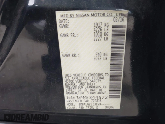 2016 Nissan Altima S with VIN 1N4AL3AP4GN344572, listed as a IAAI auction lot 42047459 with 129,336 mi miles and . Bid and sale history available at carsss.com. Image 9.