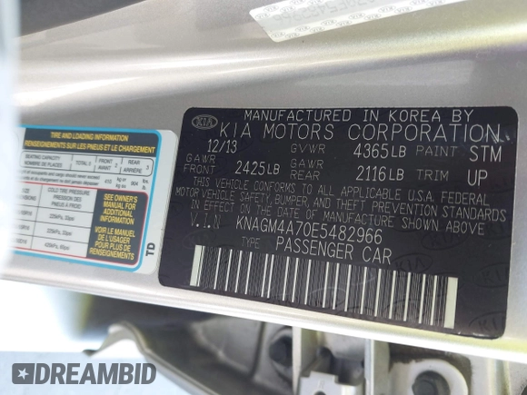 2014 Kia Optima LX with VIN KNAGM4A70E5482966, listed as a IAAI auction lot 42109539 with 194,519 mi miles and . Bid and sale history available at carsss.com. Image 9.