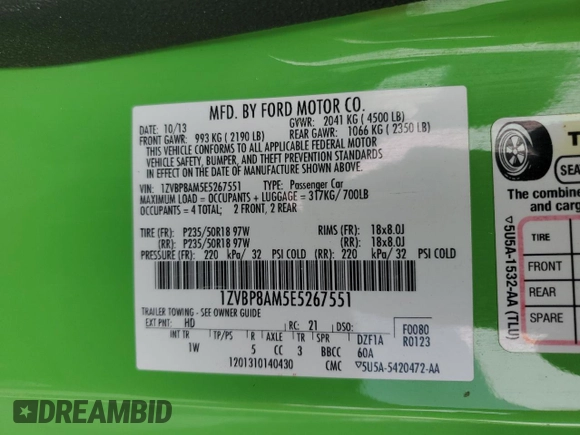 2014 Ford Mustang V6 with VIN 1ZVBP8AM5E5267551, listed as a Copart auction lot 56055935 with 153,842 mi miles and Salvage title. Bid and sale history available at DreamBid. Image 12.