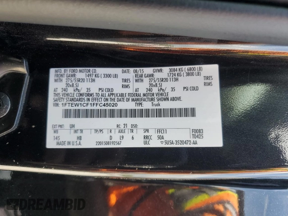 2015 Ford F-150 XL with VIN 1FTEW1CF1FFC45020, listed as a Copart auction lot 51854475 with 241,491 mi miles and Salvage Title. Bid and sale history available at carsss.com. Image 14.