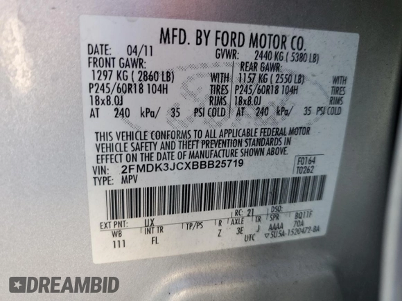 2011 Ford Edge SEL with VIN 2FMDK3JCXBBB25719, listed as a Copart auction lot 50711615 with 371,661 mi miles and Clean Title. Bid and sale history available at carsss.com. Image 13.