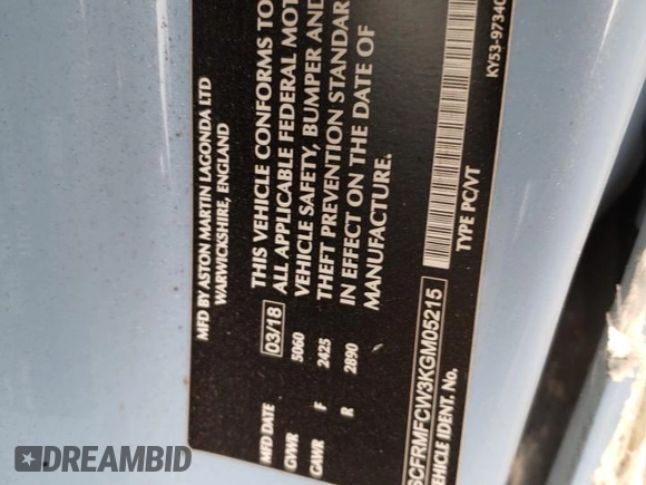 2019 Aston Martin DB11 z VIN SCFRMFCW3KGM05215, wystawiony jako Copart lot #63806262 z przebiegiem 10 418 mil mil oraz . Historia ofert i sprzedaży dostępna na DreamBid. Obrazek 10.