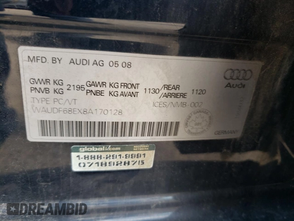 2008 Audi A4 2.0T with VIN WAUDF68EX8A170128, listed as a Copart auction lot 74987444 with 236,666 mi miles and Clean Title. Bid and sale history available at carsss.com. Image 12.