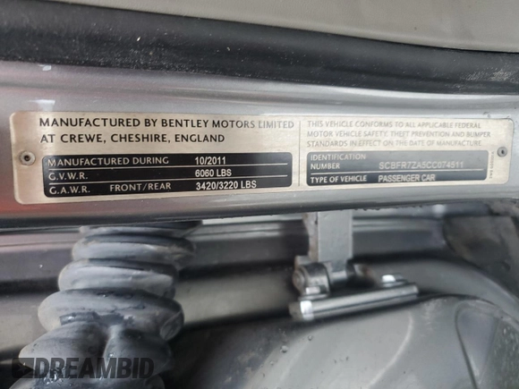2012 Bentley Continental GT with VIN SCBFR7ZA5CC074511, listed as a Copart auction lot 45402025 with 51,261 mi miles and Salvage Title. Bid and sale history available at DreamBid. Image 12.