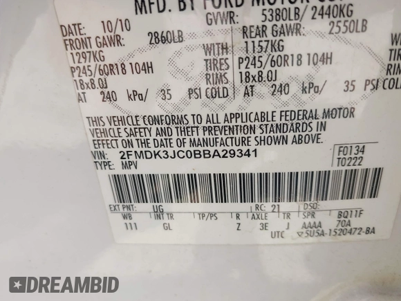 2011 Ford Edge SEL with VIN 2FMDK3JC0BBA29341, listed as a IAAI auction lot 42071817 with 155,413 mi miles and . Bid and sale history available at DreamBid. Image 9.