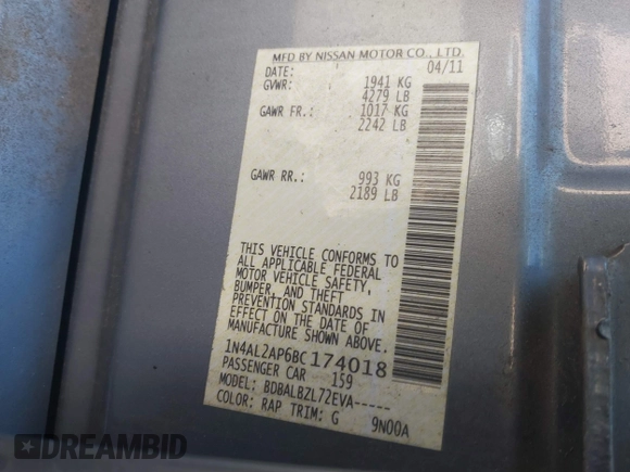 2011 Nissan Altima S with VIN 1N4AL2AP6BC174018, listed as a IAAI auction lot 41324079 with 77,021 mi miles and . Bid and sale history available at DreamBid. Image 9.