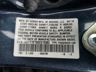 2016 Honda Civic Sedan EX-L with VIN 19XFC1F75GE212583, listed as a Copart auction lot 51259145 with 100,359 mi miles and Salvage Title. Bid and sale history available at carsss.com. Image 13.