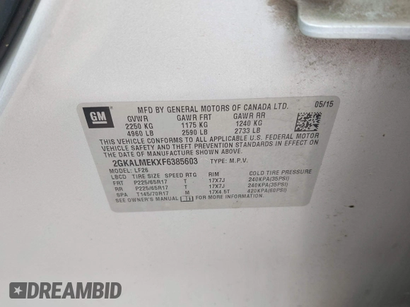 2015 GMC Terrain SLE with VIN 2GKALMEKXF6385603, listed as a IAAI auction lot 42523651 with 127,208 mi miles and . Bid and sale history available at DreamBid. Image 9.
