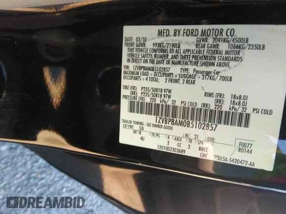 2011 Ford Mustang V6 with VIN 1ZVBP8AM0B5102857, listed as a IAAI auction lot 41622135 with 144,246 mi miles and . Bid and sale history available at carsss.com. Image 9.