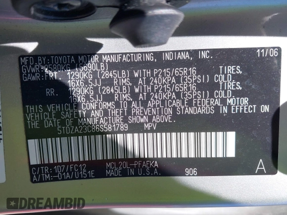 2006 Toyota Sienna CE with VIN 5TDZA23C86S581789, listed as a IAAI auction lot 42131496 with 140,252 mi miles. Bid and sale history available at carsss.com. Image 9.