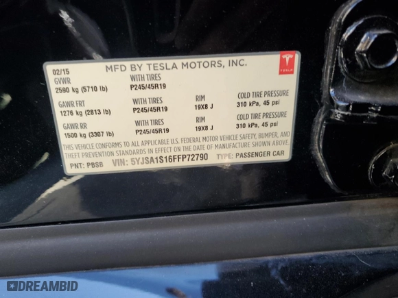 2015 Tesla Model S 85 kWh Battery with VIN 5YJSA1S16FFP72790, listed as a Copart auction lot 69314224 with 0 mi miles and Salvage Title. Bid and sale history available at carsss.com. Image 12.