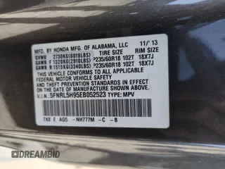 2014 Honda Odyssey Touring with VIN 5FNRL5H95EB052523, listed as a Copart auction lot 52214055 with 131,350 mi miles and Salvage Title. Bid and sale history available at DreamBid. Image 13.