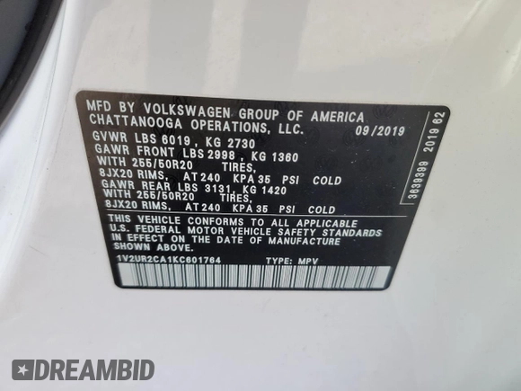 2019 Volkswagen Atlas SE z VIN 1V2UR2CA1KC601764, wystawiony jako Copart lot #51458185 z przebiegiem 107 477 mil mil oraz Szkoda całkowita • Salvage title. Historia ofert i sprzedaży dostępna na DreamBid. Obrazek 14.