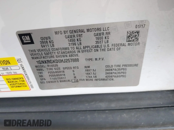 2017 Chevrolet Traverse LT with VIN 1GNKRGKD0HJ257888, listed as a IAAI auction lot 41619776 with 132,857 mi miles and . Bid and sale history available at DreamBid. Image 9.