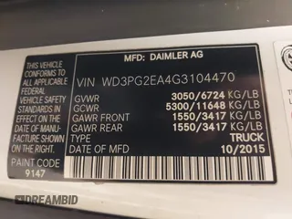 2016 Mercedes-Benz Metris Cargo with VIN WD3PG2EA4G3104470, listed as a IAAI auction lot 42344633 with 139,781 mi miles and . Bid and sale history available at DreamBid. Image 9.