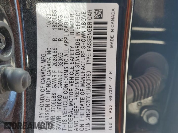 2020 Honda Civic Sedan Sport with VIN 2HGFC2F81LH600750, listed as a Copart auction lot 48140675 with 91,600 mi miles and Salvage Title. Bid and sale history available at carsss.com. Image 14.