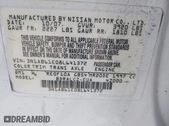 2008 Nissan Sentra S with VIN 3N1AB61E08L641372, listed as a IAAI auction lot 42100424 with 126,653 mi miles and . Bid and sale history available at DreamBid. Image 9.