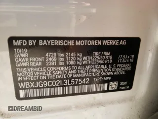 2020 BMW X1 xDrive28i with VIN WBXJG9C02L3L57542, listed as a Copart auction lot 67003112 with 18,619 mi miles. Bid and sale history available at carsss.com. Image 10.