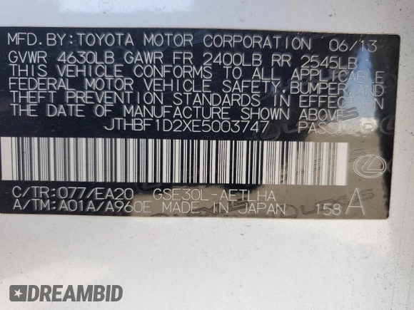 2014 Lexus IS 250 z VIN JTHBF1D2XE5003747, wystawiony jako Copart lot #58846985 z przebiegiem 135 494 mil mil oraz Szkoda całkowita • Salvage title. Historia ofert i sprzedaży dostępna na DreamBid. Obrazek 12.