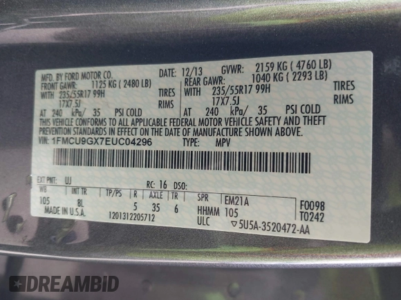 2014 Ford Escape SE with VIN 1FMCU9GX7EUC04296, listed as a IAAI auction lot 42159486 with 108,598 mi miles and . Bid and sale history available at DreamBid. Image 9.