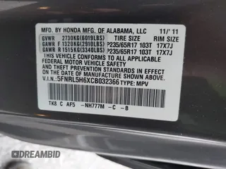 2012 Honda Odyssey EX-L with VIN 5FNRL5H6XCB032366, listed as a IAAI auction lot 41943625 with 73,236 mi miles and . Bid and sale history available at carsss.com. Image 9.