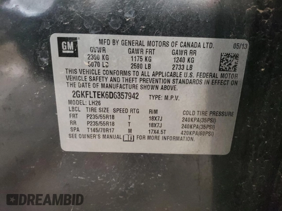 2013 GMC Terrain SLE with VIN 2GKFLTEK6D6357942, listed as a Copart auction lot 85644094 with 166,521 mi miles and Clean Title. Bid and sale history available at DreamBid. Image 13.